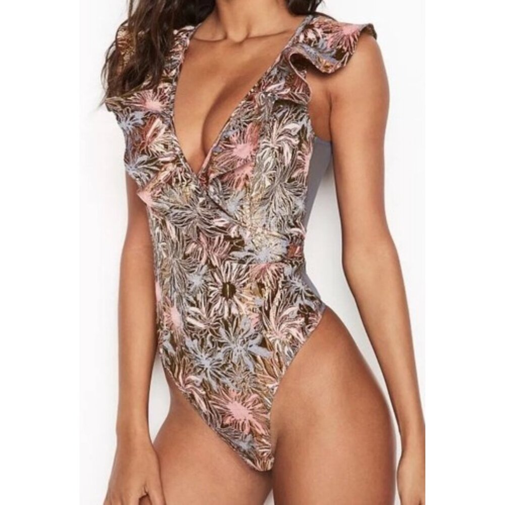 Victoria's Secret Dream Angel Shine Brocade Ruffle Bodysuit Mesh Back Sz Small